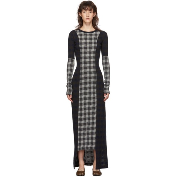 MAISON MARGIELA Women's Black Checkered Long Sleeve Wool Maxi Dress Size 2 NEW - Picture 1 of 10